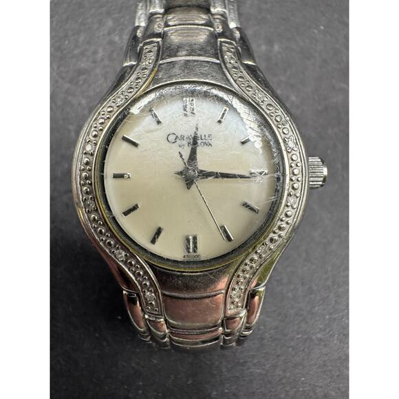 Vtg Caravelle by Bulova Silver Tone White Dial Diamond Accent Women’s Watch 24mm main image 8